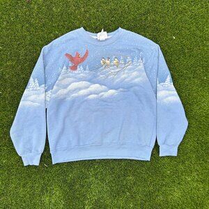 Vintage Morning Sun Nature Grandma Bird Mountain AOP Blue Crewneck